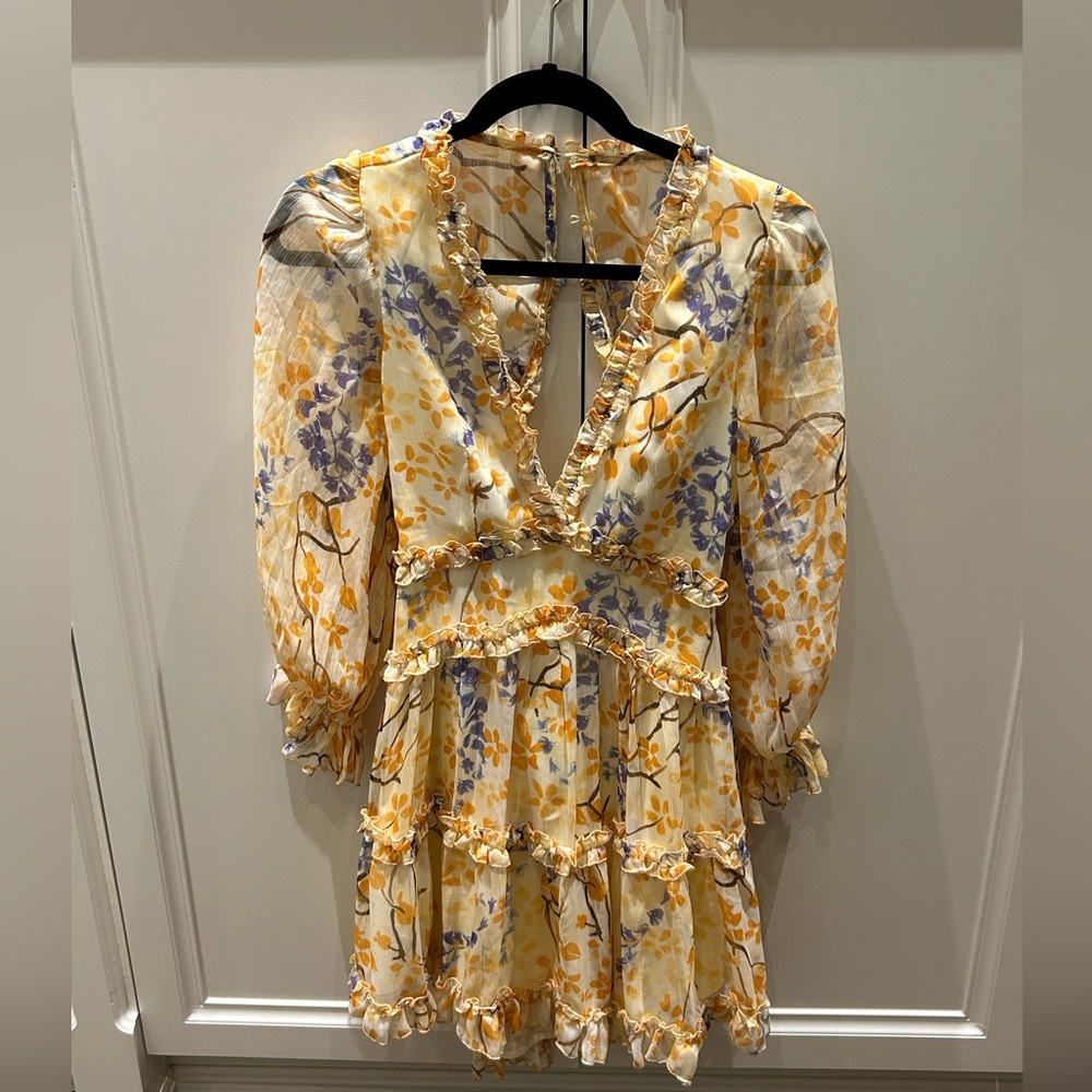 Elegant Floral Long Sleeve Dress in Yellow and Purple